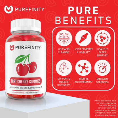 PUREFINITY Tart Cherry Gummies – Uric Acid Flush for Joint Relief & Recovery, Raw Juice Extract Antioxidant – Non-GMO, Gluten Free, Vegan, 60 Count PUREFINITY