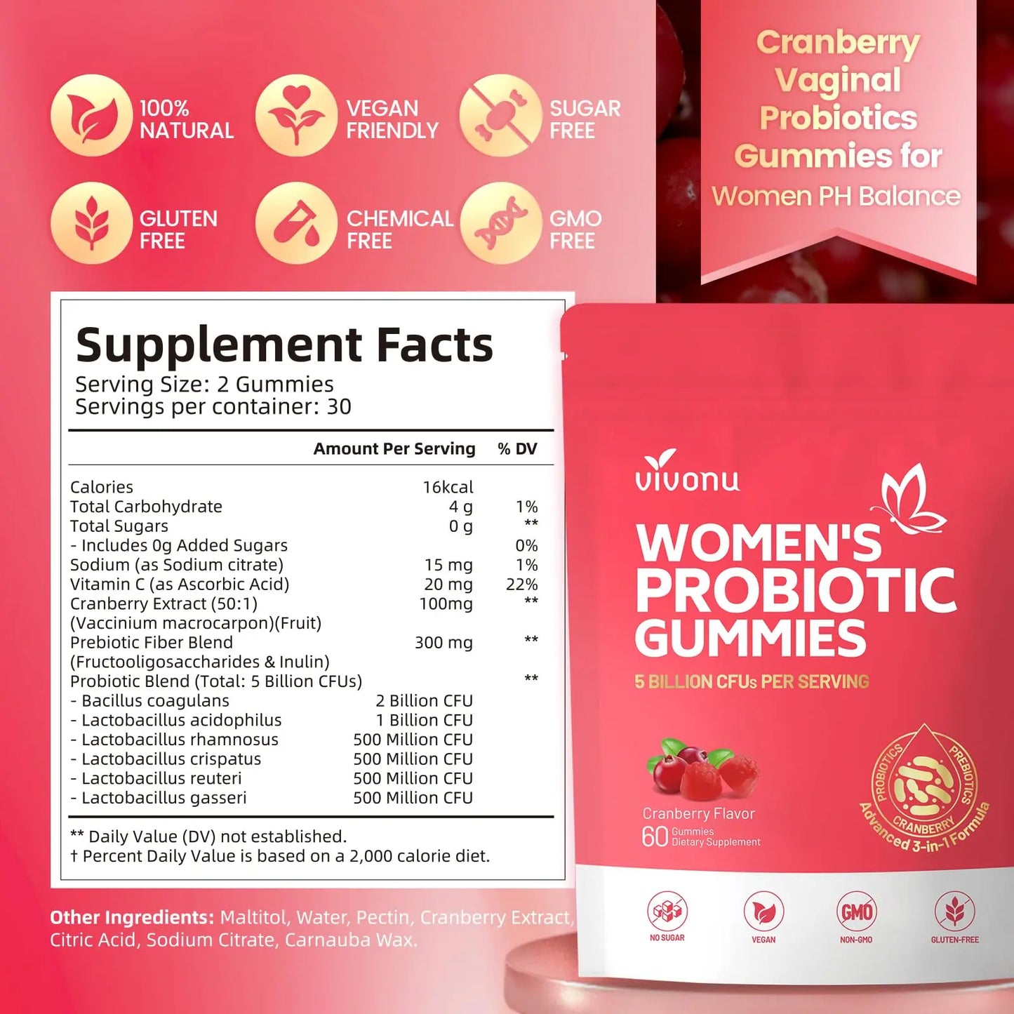 VivoNu Viginal Probiotics for Women, Women Probiotic Gummies, Feminine Balance Gummies, Prebiotic Gummy, Cranberry Probiotics for Woman Vaginigal Health, Yeast Ph Balance| 60 Gummies VivoNu
