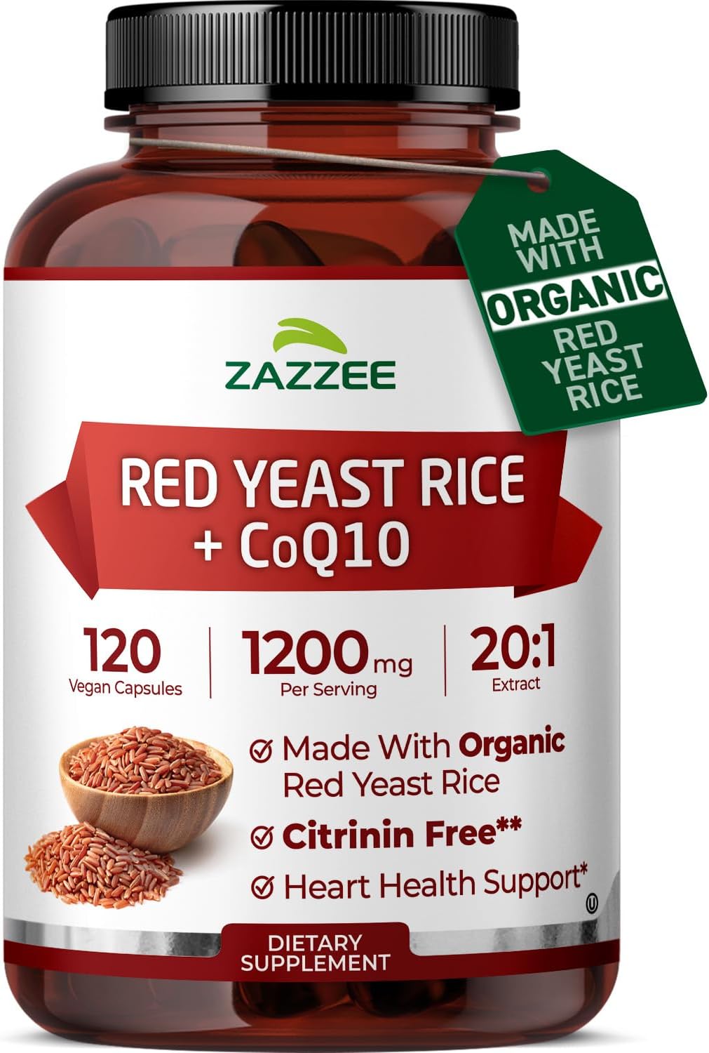 Zazzee Organic Red Yeast Rice 20:1 Extract with CoQ10, Citrinin-Free, 1200 mg per Serving, 80 mg CoQ10, 120 Vegan Capsules, Healthy Heart & Cardiovascular Support, Non-GMO, Made in the USA Gsupps Australia