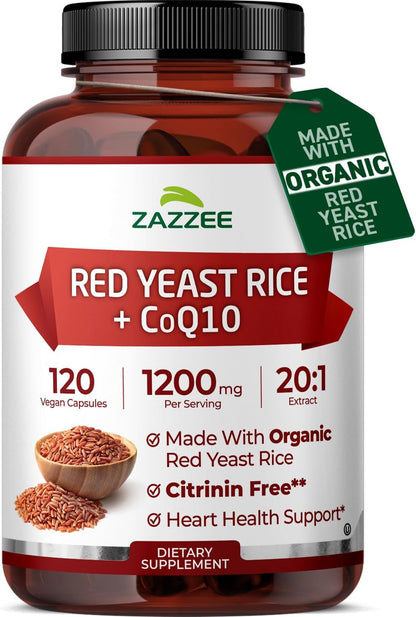 Zazzee Organic Red Yeast Rice 20:1 Extract with CoQ10, Citrinin-Free, 1200 mg per Serving, 80 mg CoQ10, 120 Vegan Capsules, Healthy Heart & Cardiovascular Support, Non-GMO, Made in the USA Gsupps Australia