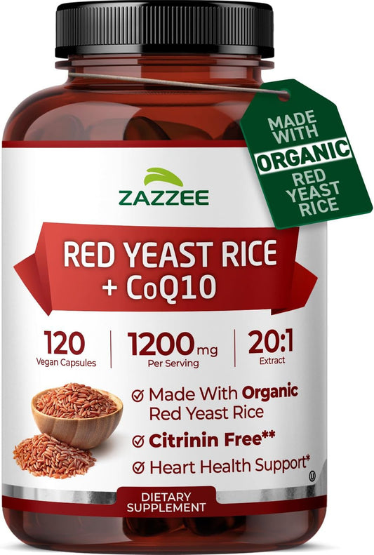 Zazzee Organic Red Yeast Rice 20:1 Extract with CoQ10, Citrinin-Free, 1200 mg per Serving, 80 mg CoQ10, 120 Vegan Capsules, Healthy Heart & Cardiovascular Support, Non-GMO, Made in the USA Gsupps Australia