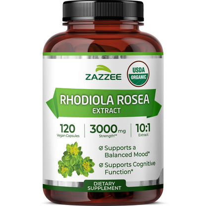 Zazzee USDA Organic Rhodiola 10:1 Extract, 120 Capsules, 4 Month Supply, Rhodiola Rosea, Energy, Stress & Mental Focus Support, Concentrated 10X Extract Zazzee
