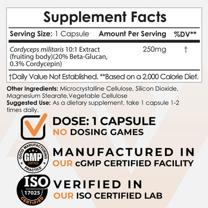 Nootropics Depot Cordyceps Mushroom Capsules | 10:1 Whole Fruiting Body Extract | 250mg | 60 Count | Cordyceps militaris