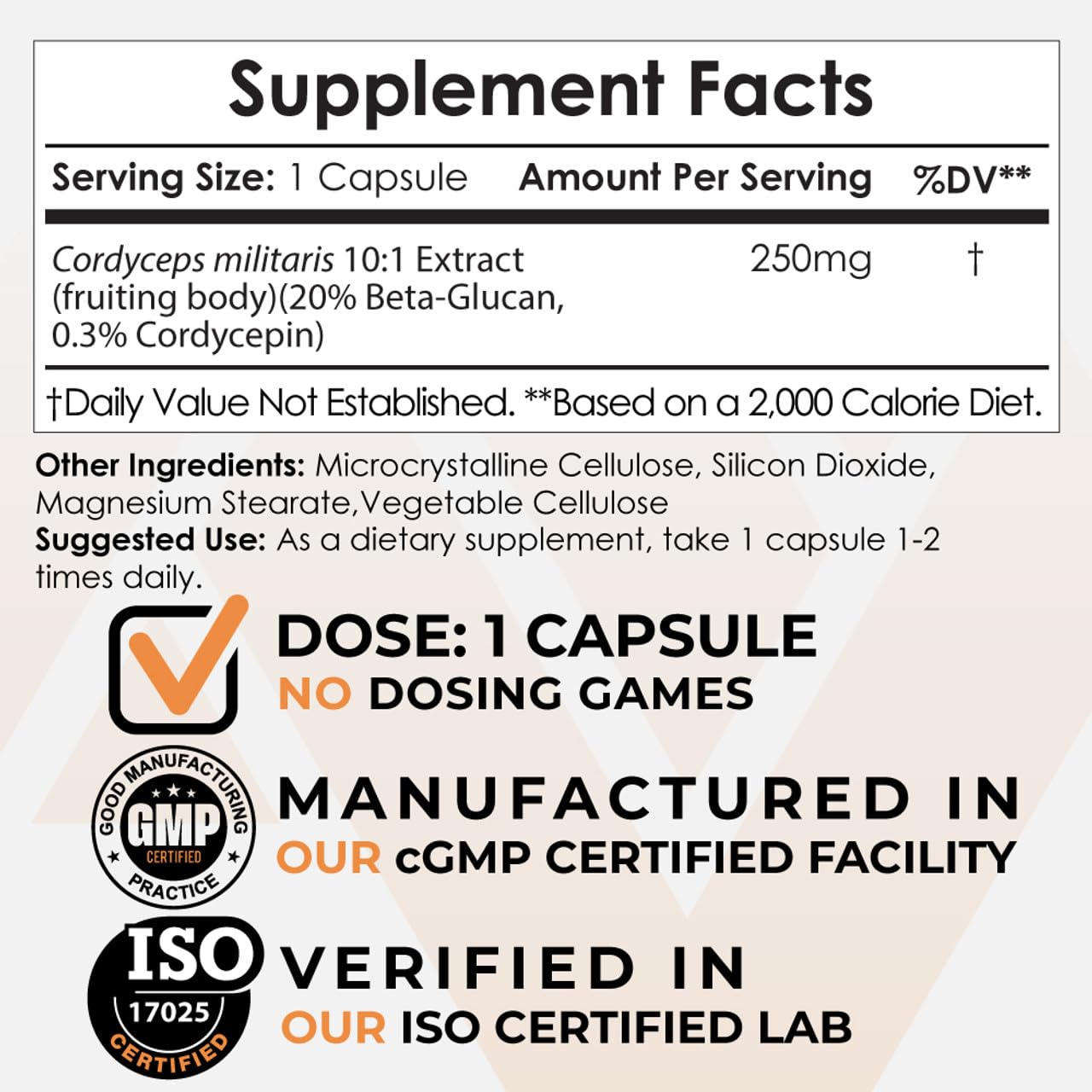 Nootropics Depot Cordyceps Mushroom Capsules | 10:1 Whole Fruiting Body Extract | 250mg | 60 Count | Cordyceps militaris