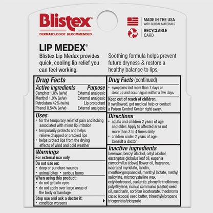 Blistex Lip Medex Medicated Lip Balm, 24 Hr Moisture, 0.15 oz, 3 Count Blistex