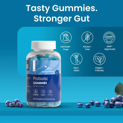 Vegan Probiotic Gummies with Prebiotics, Blueberry Flavour, 2 Gummies Daily (90 Count), 45 Days Supply, Non-GMO, Gluten Free, Ved
