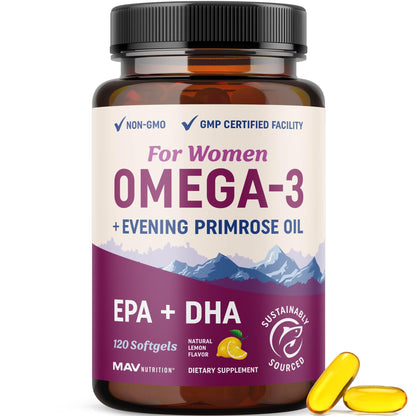 Fish Oil Omega 3 Supplements for Women | DHA + EPA | Heart Health, Hormone Balance, Skin & Wellness Support | 600MG Omega3 + 800MG Evening Primrose Oil MAV NUTRITION