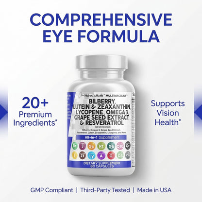 Clean Nutra Eye Vitamins with Bilberry Lutein and Zeaxanthin Supplements Lycopene 40mg Resveratrol Grape Seed Astaxanthin for Eyes - Eye Care Health Support Eye Clean Nutraceuticals