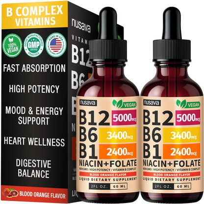 (2 Pack) Vitamin B12 and B6 Liquid Drops, B12 Sublingual Vitamin B Complex - B 12 Vitamin 5000mcg - B12 Methylcobalamin for Energy NUSAVA