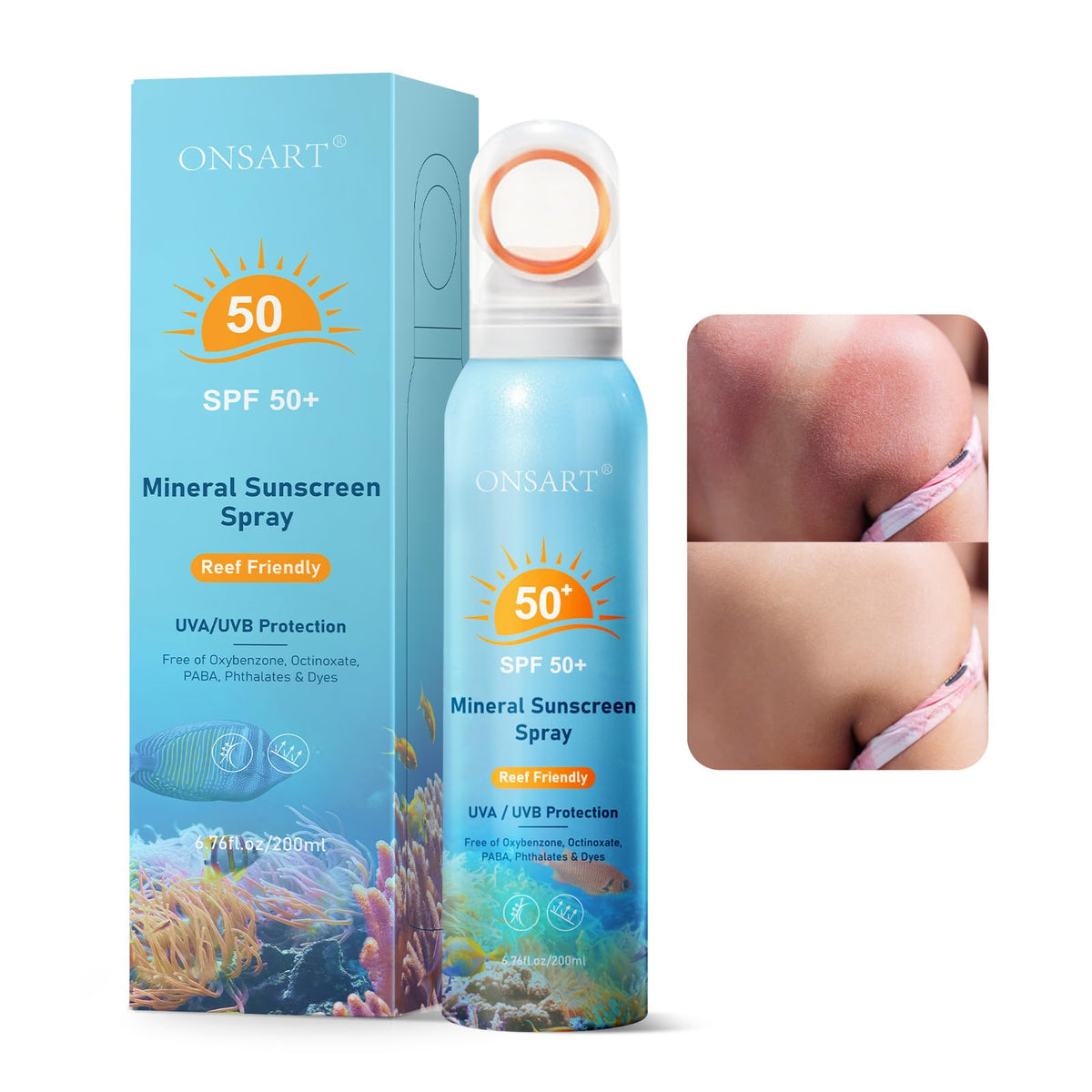 Reef Safe Sunscreen Spray SPF 50, Zinc Oxide Mineral Sunscreen Spray, Broad Spectrum UVA/UVB Protection, 360° Spray, Lightweight & Water Resistant, 6.76oz/200ml ONSART