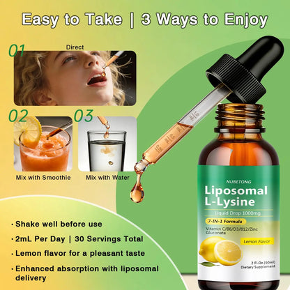 Liposomal L-Lysine 1000mg Liquid Drops, 7-in-1 Lysine Supplement for Adults with Vitamin C/B6/D3/B12 & Zinc Gluconate, Immune Support, Collagen Synthesis & Skin Lip Health, Lemon Flavor, 2 Fl Oz Nubetong