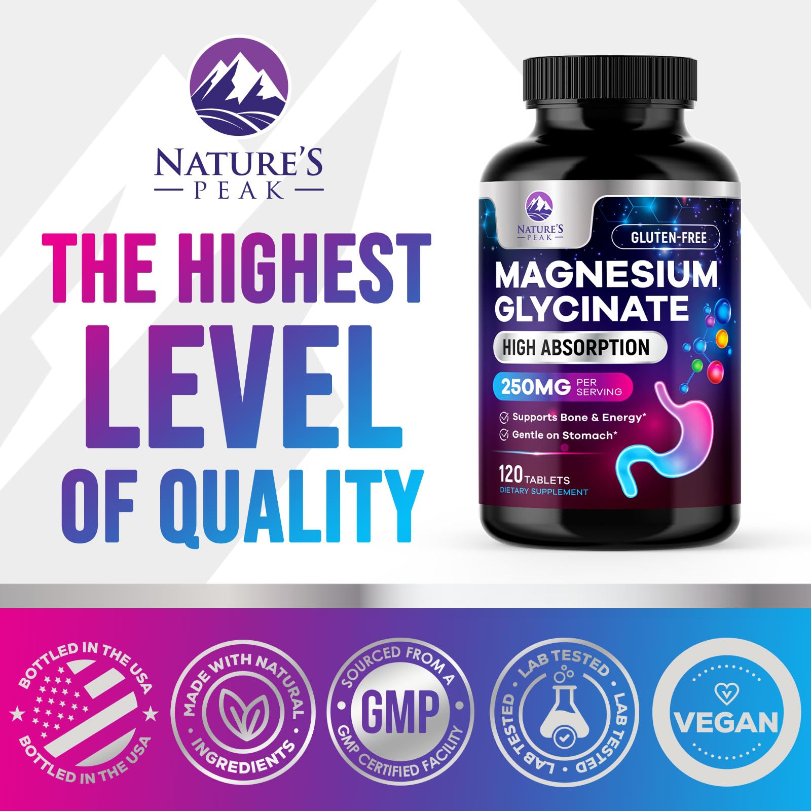 Magnesium Glycinate Supplement 250mg - 100% Chelated & Purified - to Support Sleep, Heart Health, Muscles, & Bone Strength - Best Absorption Magnesium Glycinate Capsules, Bottled in USA - 120 Tablets Nature's Peak buy australia supplements