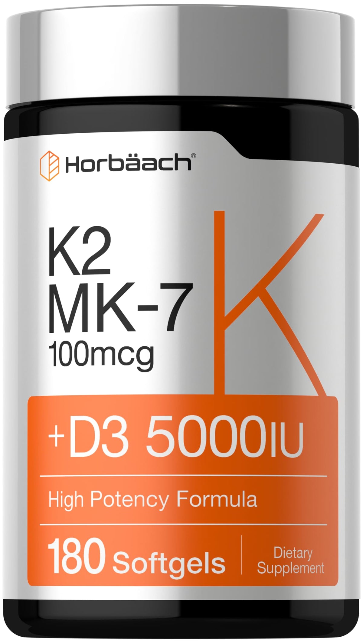 Horbäach Vitamin D3 K2 5000 iu | 100mcg MK-7 Complex | 180 Softgel Capsules | Non-GMO & Gluten Free Supplement Horbäach
