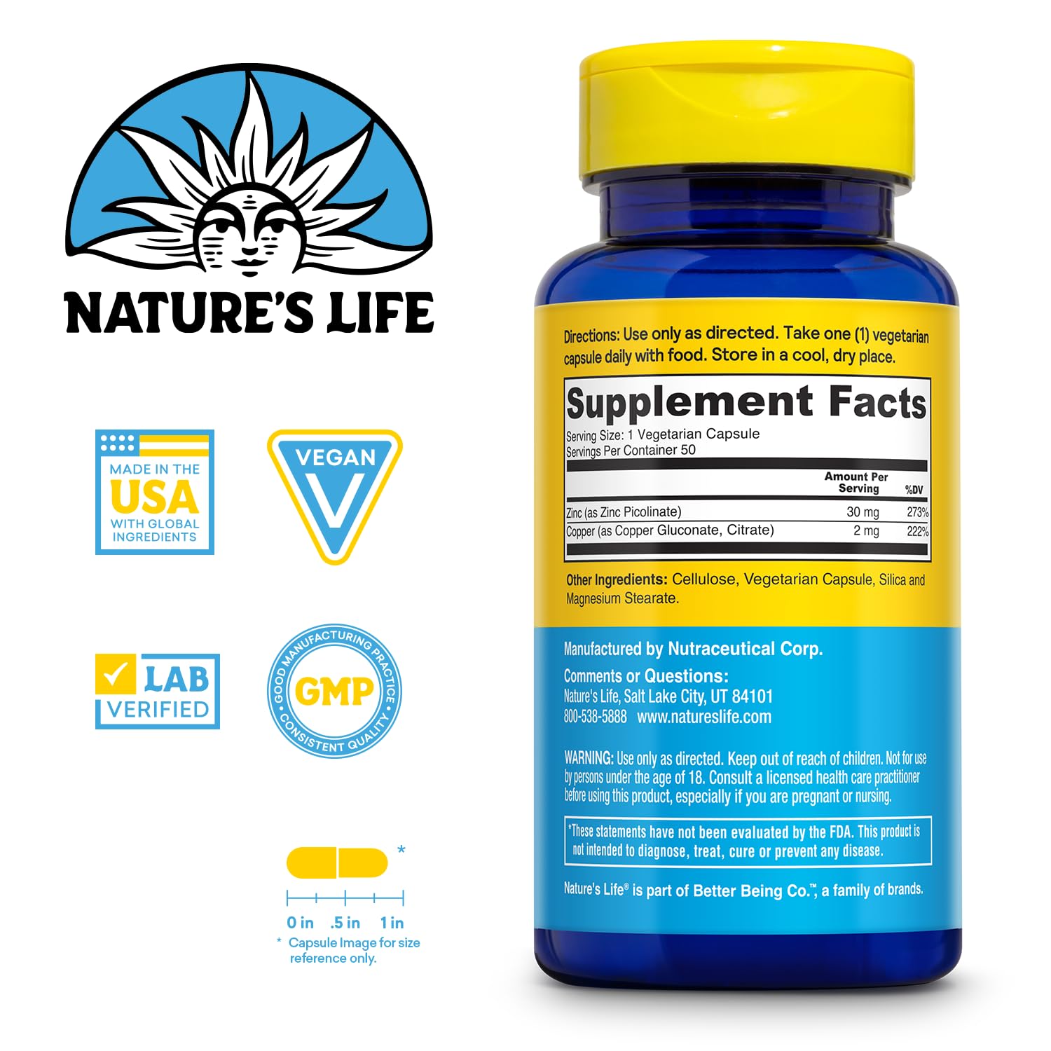Nature's Life Zinc Picolinate 30mg Plus 2mg of Copper - Chelated Zinc Supplement for Immune, Cardiovascular, Skin, Cellular Function, and Muscle Support - 60-Day Guarantee - 50 Servings, 50 Capsules Nature's Life buy australia supplements