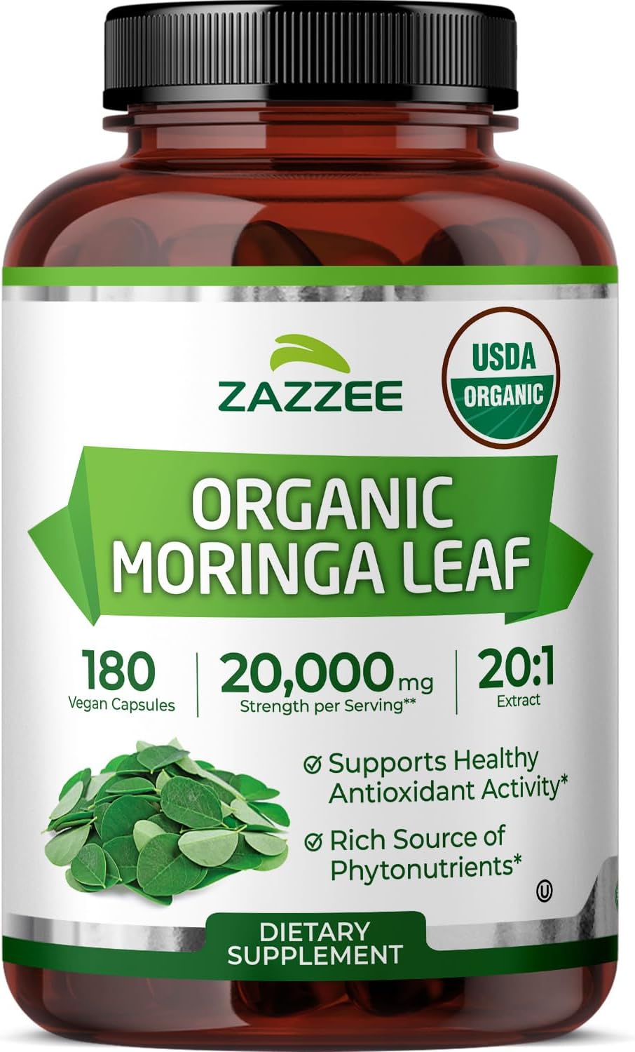 Zazzee USDA Organic Moringa Leaf 20:1 Extract, 180 Vegan Capsules | 3 Month Supply, Certified Kosher, Moringa Oleifera, Antioxidant, Immune & Cellular Support, Superfood Supplement, Made in USA Gsupps Australia