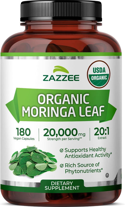 Zazzee USDA Organic Moringa Leaf 20:1 Extract, 180 Vegan Capsules | 3 Month Supply, Certified Kosher, Moringa Oleifera, Antioxidant, Immune & Cellular Support, Superfood Supplement, Made in USA Gsupps Australia