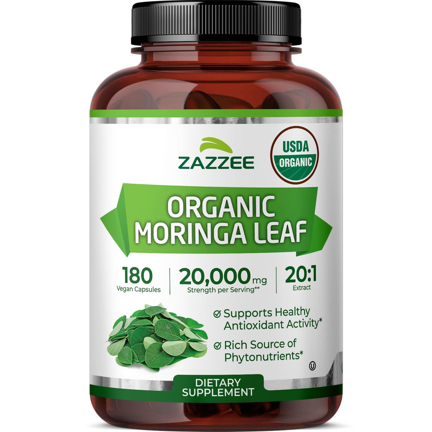 Zazzee USDA Organic Moringa Leaf 20:1 Extract, 180 Vegan Capsules, 3 Month Supply, Certified Kosher, Moringa Oleifera, Antioxidant, Immune & Cellular Support Zazzee