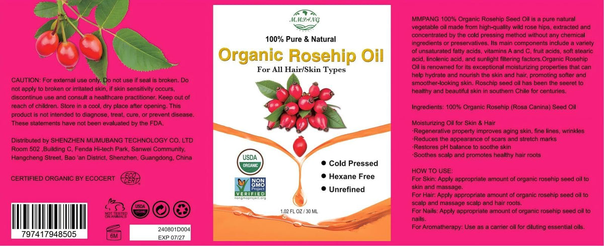 MMPANG Organic Rosehip Seed Oil for Face, USDA Certified, Cold Pressed MMPANG