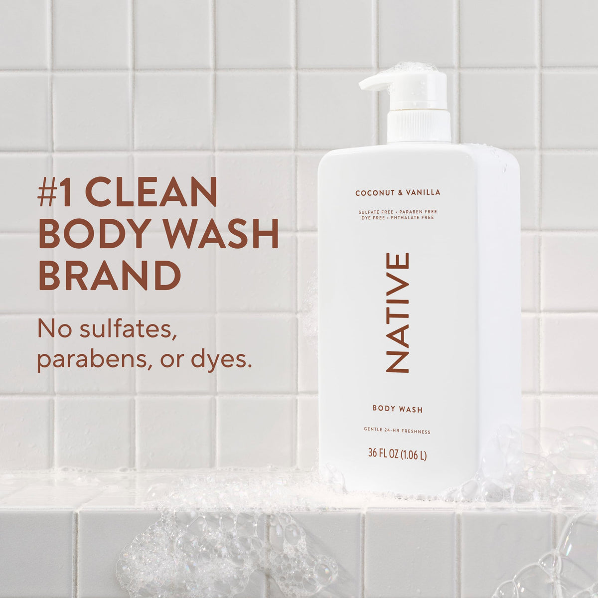 Native Clean Body Wash, Gentle & pH-balanced for Sensitive Skin, 24-Hr Freshness for Women & Men, Vegan & Cruelty-Free, Free of Sulfates, Parabens & Phthalates, Coconut & Vanilla, 36 oz Native