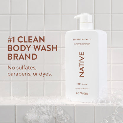 Native Clean Body Wash, Gentle & pH-balanced for Sensitive Skin, 24-Hr Freshness for Women & Men, Vegan & Cruelty-Free, Free of Sulfates, Parabens & Phthalates, Coconut & Vanilla, 36 oz Native