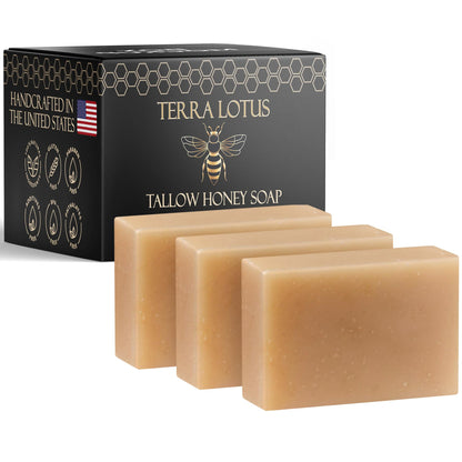 Terra Lotus - Organic Tallow Soap with Organic Castor Oil & Raw Honey - Hydrating & Nourishing - 3 Pack (Unscented) Terra Lotus