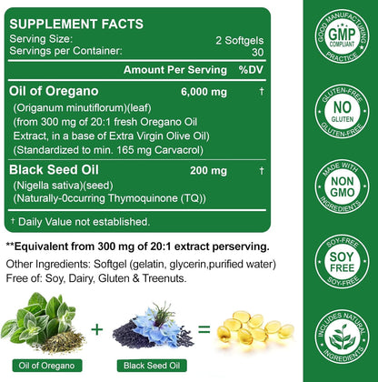 Nature's live Oil of Oregano with Black Seed Oil, 2 in 1 Oregano Supplement for Immune Health, Retains High Concentrated Carvacrol & Thymoquinone Nature's live