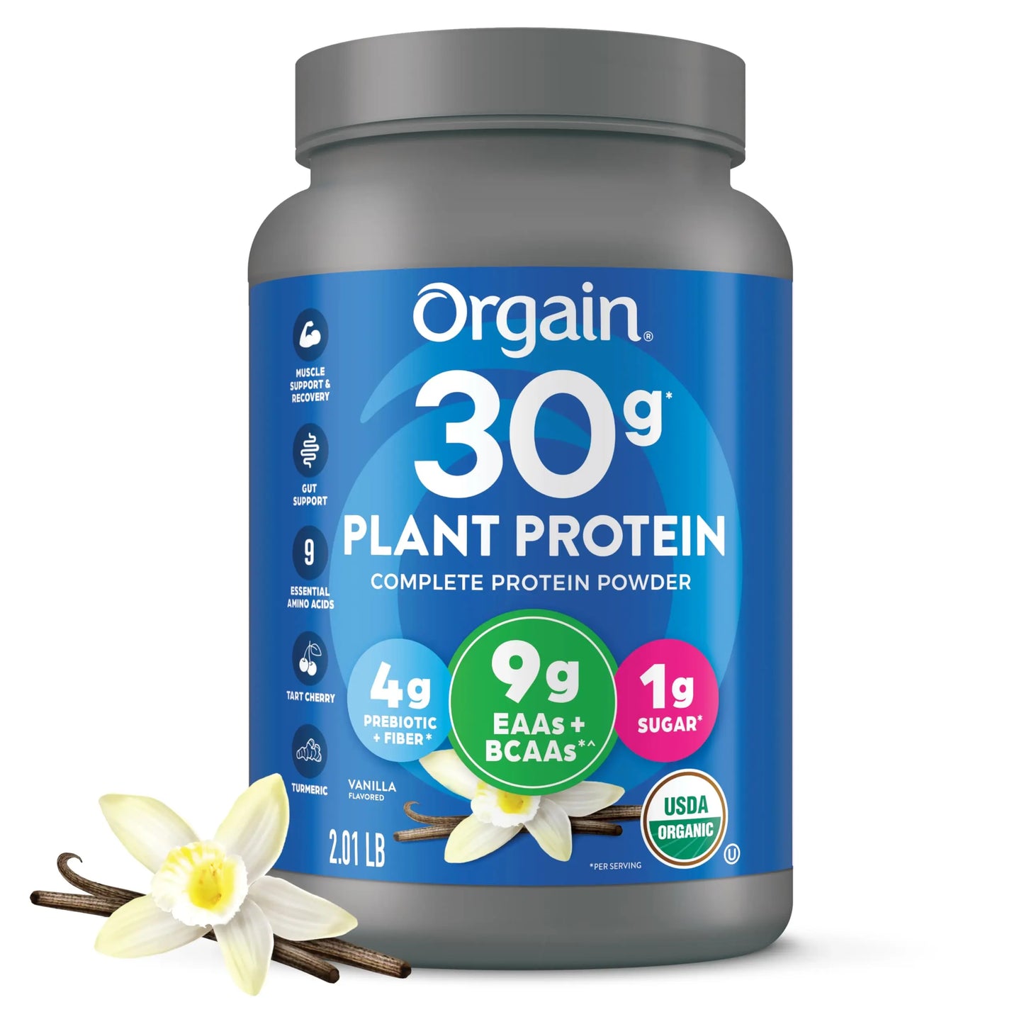 Orgain Organic 30g Vegan Plant Protein Powder, Vanilla, 9g EAAs + BCAAs, High Plant Protein, 4g Prebiotic + Fiber, 1g Sugar, Pre-Workout, Muscle Support + Recovery - 2.01lb (Packaging May Vary) Orgain