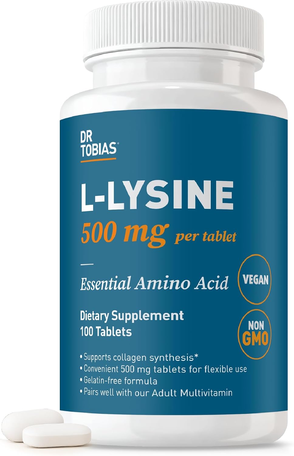 Dr. Tobias L-Lysine 500 mg Tablets | Essential Amino Acid for Daily Wellness | Supports Collagen Synthesis* | Vegan, Non-GMO, Gelatin-Free Lysine Supplement | 100 Tablets