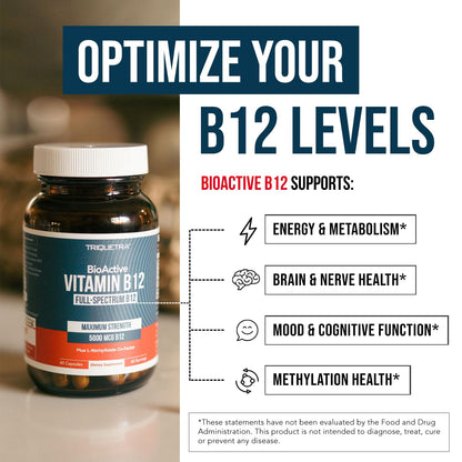 BioActive Vitamin B12 - 5000 mcg, Contains 3 BioActive Forms B12 Plus Methylfolate Cofactor - Methyl B12, Adenosyl B12 & Hydroxy B12 | Supports Energy Triquetra Health