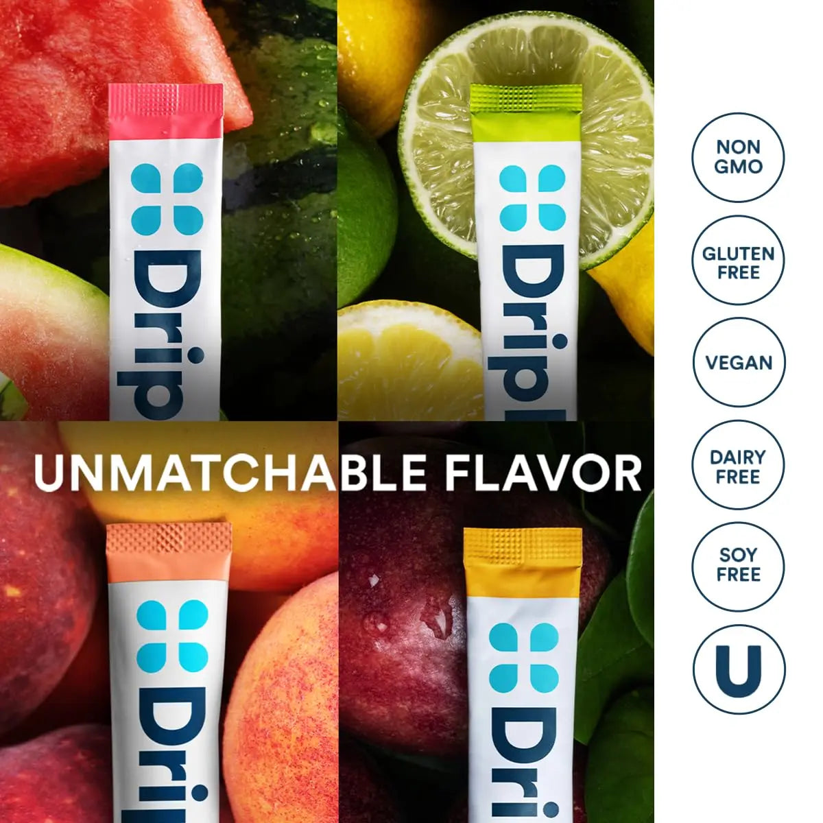 DripDrop Sugar Free Hydration Packets - Zero Classic Variety Pack - Single Serve Electrolytes Powder Drink Mix - Lemon Lime, Watermelon, Peach, Passion Fruit DripDrop