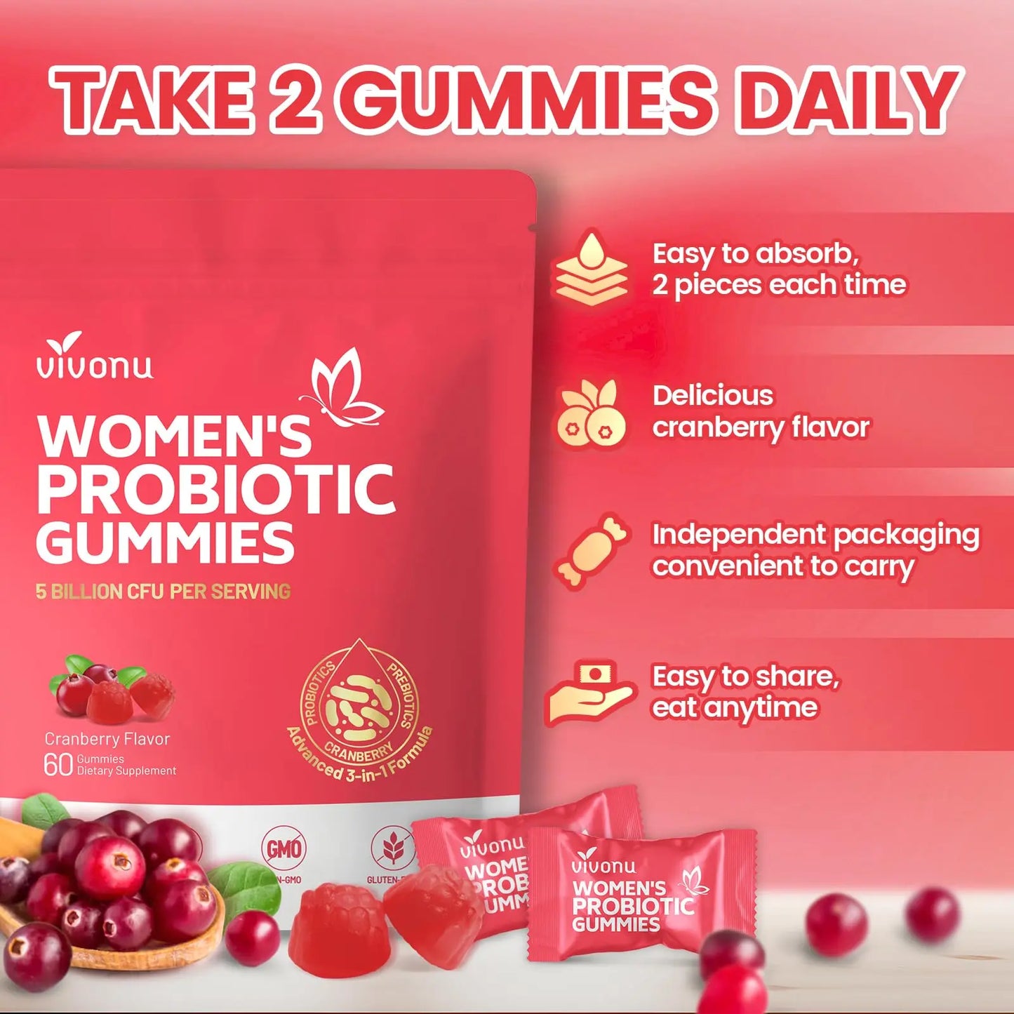VivoNu Viginal Probiotics for Women, Women Probiotic Gummies, Feminine Balance Gummies, Prebiotic Gummy, Cranberry Probiotics for Woman Vaginigal Health, Yeast Ph Balance| 60 Gummies VivoNu