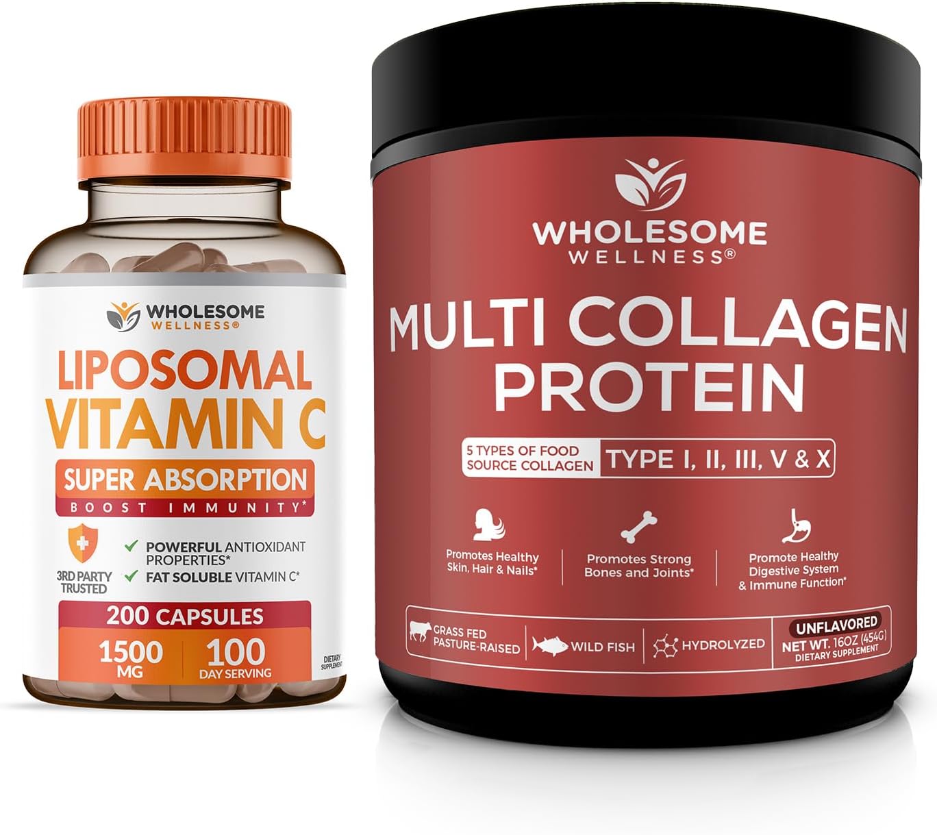 Wholesome Wellness Liposomal Vitamin C Capsules + Multi Collagen Protein Powder Hydrolyzed Bundle Gsupps Australia