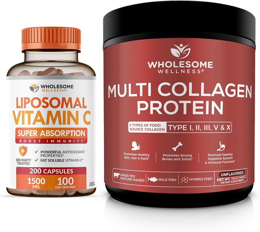 Wholesome Wellness Liposomal Vitamin C Capsules + Multi Collagen Protein Powder Hydrolyzed Bundle Gsupps Australia