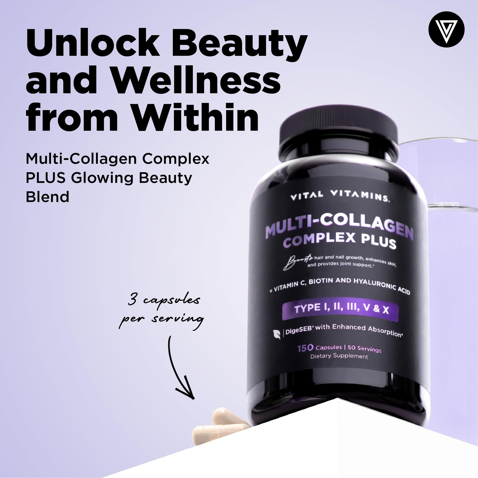 Vital Vitamins Multi Collagen Complex Plus - with Biotin, Hyaluronic Acid, Vitamin C - Type I, II, III, V, X - for Women & Men - Hair, Skin, Nails Beauty Complex - 150 Capsules Vital Vitamins buy australia supplements