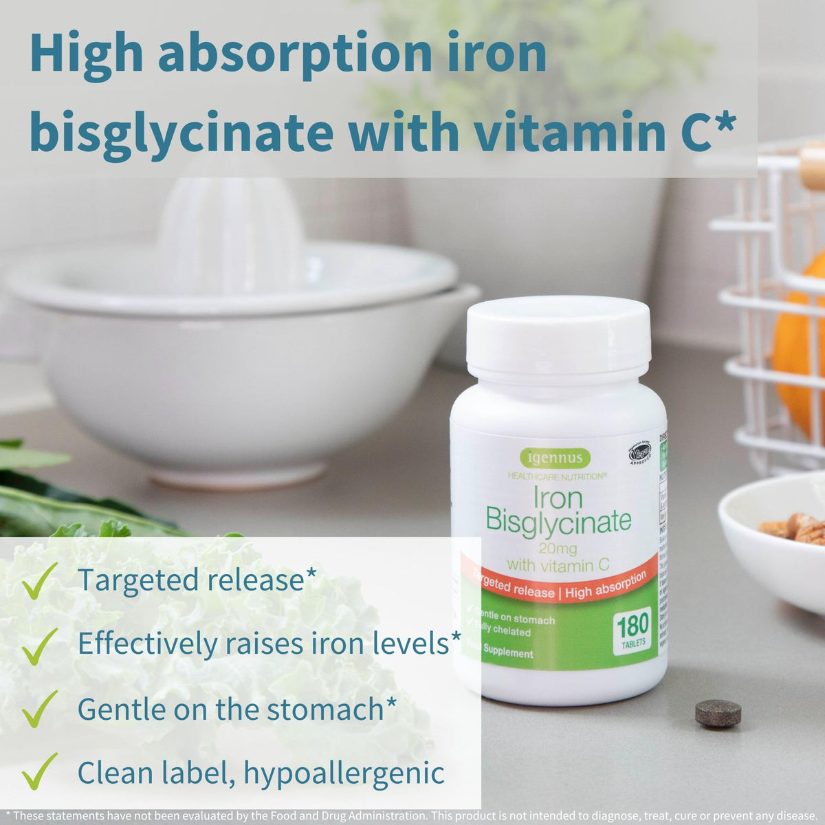 Igennus Clean Iron Bisglycinate 20mg, Vitamin C, 6 Month Supply, Gentle Chelated High Absorption Formula & Targeted Release Ferrous Bisglycinate Igennus Healthcare Nutrition