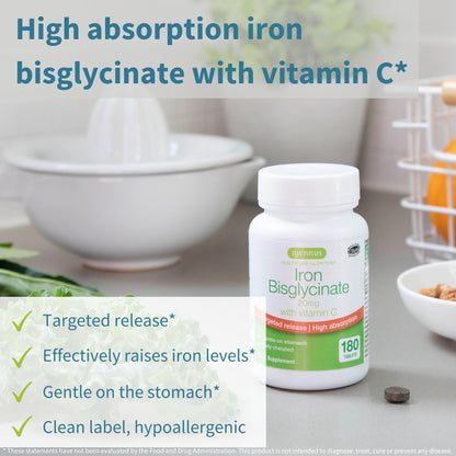 Igennus Clean Iron Bisglycinate 20mg, Vitamin C, 6 Month Supply, Gentle Chelated High Absorption Formula & Targeted Release Ferrous Bisglycinate Igennus Healthcare Nutrition
