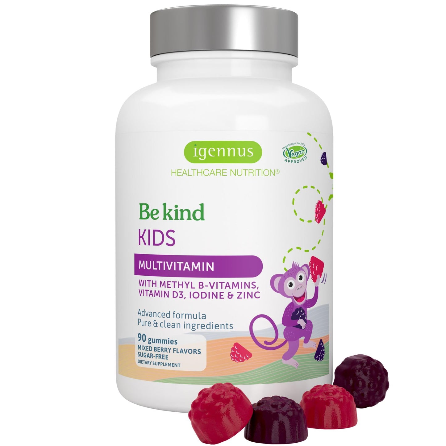 Igennus Methylated Kids Multivitamin Gummies, Clean Label & Third Party Tested, No Artificial Sweeteners or Flavors, Sugar Free, Age 4+, 90 Natural Berry Flavor Igennus Healthcare Nutrition