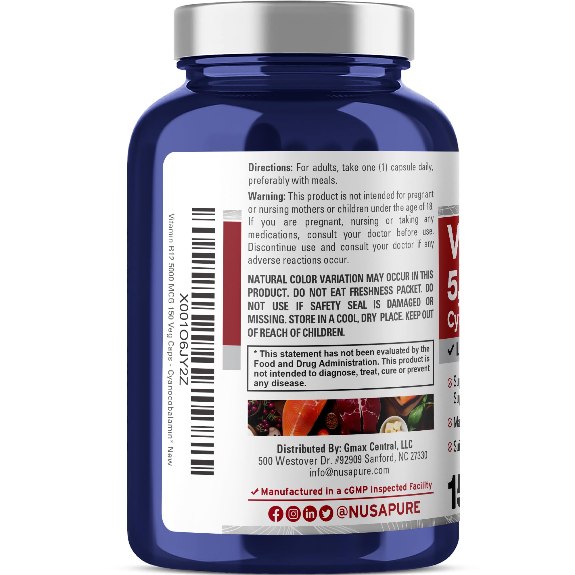 NusaPure Vitamin B12-5000 MCG 150 Veggie Capsules (Non-GMO, Vegan) - Max Strength Vitamin B12 NusaPure buy australia supplements