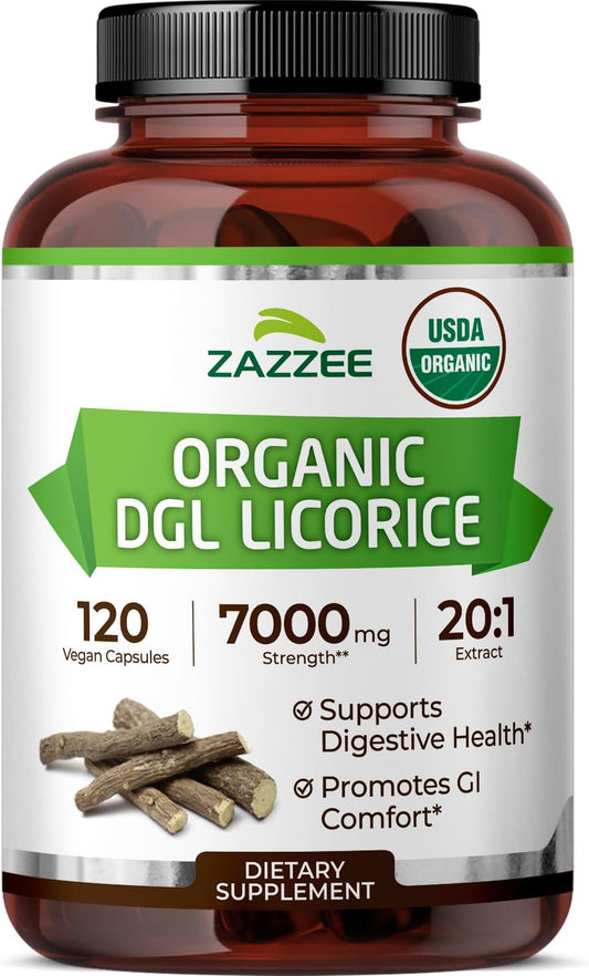 Zazzee USDA Organic DGL Licorice 20:1 Extract, 120 Vegan Capsules | 4 Month Supply, Deglycyrrhizinated Licorice Root, Glycyrrhiza Glabra, Digestive & Stomach Support, All-Natural, Made in USA Gsupps Australia