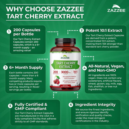 Zazzee Tart Cherry 10:1 Extract, 200 Vegan Capsules, 6+ Month Supply | Montmorency Cherry, Certified Kosher, Joint & Uric Acid Support, Antioxidant Support Formula, Non-GMO, Made in the USA Gsupps Australia