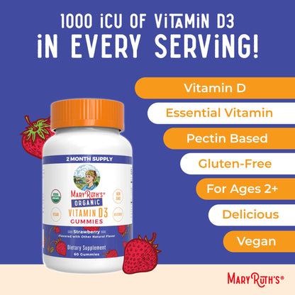 MARYRUTH'S Organic Vitamin D3 Gummies | 1000 IU | USDA Organic | Immune Support| Bone Health | Muscle Function | for Adults & Kids Ages 2+ MARYRUTH'S