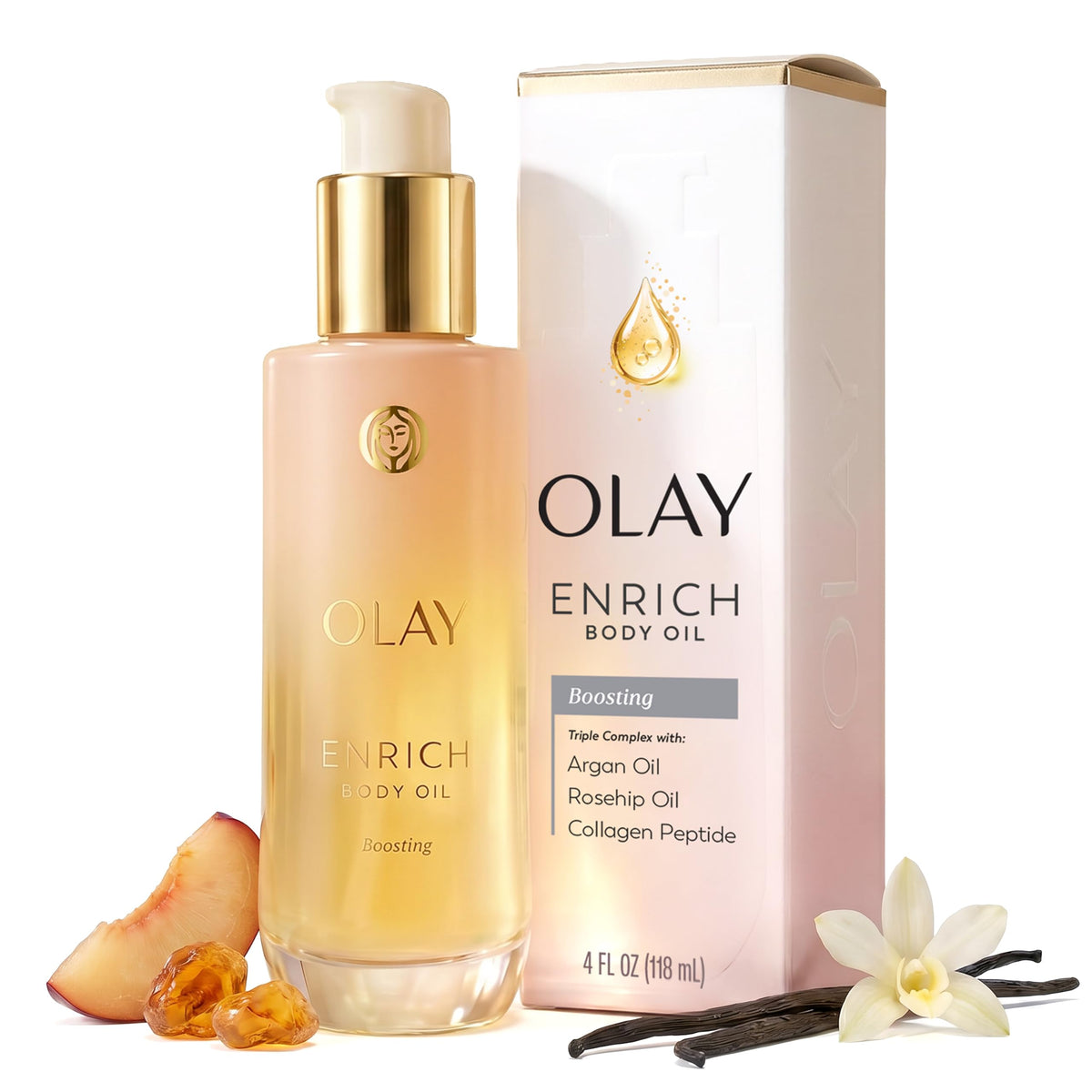 Olay Enrich Boosting Body Oil for Women, with 3-in-1 Oil + Serum Complex with Argan Oil, Rosehip Oil, and Collagen Peptide, Free of Sulfates, Parabens & Phthalates, Vanilla Plum & Amber Scent, 4 fl oz Olay