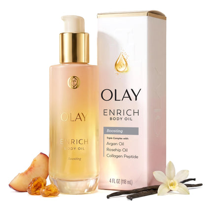 Olay Enrich Boosting Body Oil for Women, with 3-in-1 Oil + Serum Complex with Argan Oil, Rosehip Oil, and Collagen Peptide, Free of Sulfates, Parabens & Phthalates, Vanilla Plum & Amber Scent, 4 fl oz Olay