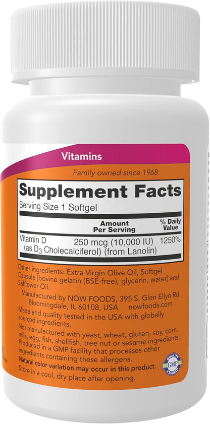 NOW Foods Supplements, Vitamin D-3 10,000 IU, Highest Potency, Structural Support*, 120 Softgels Gsupps Australia