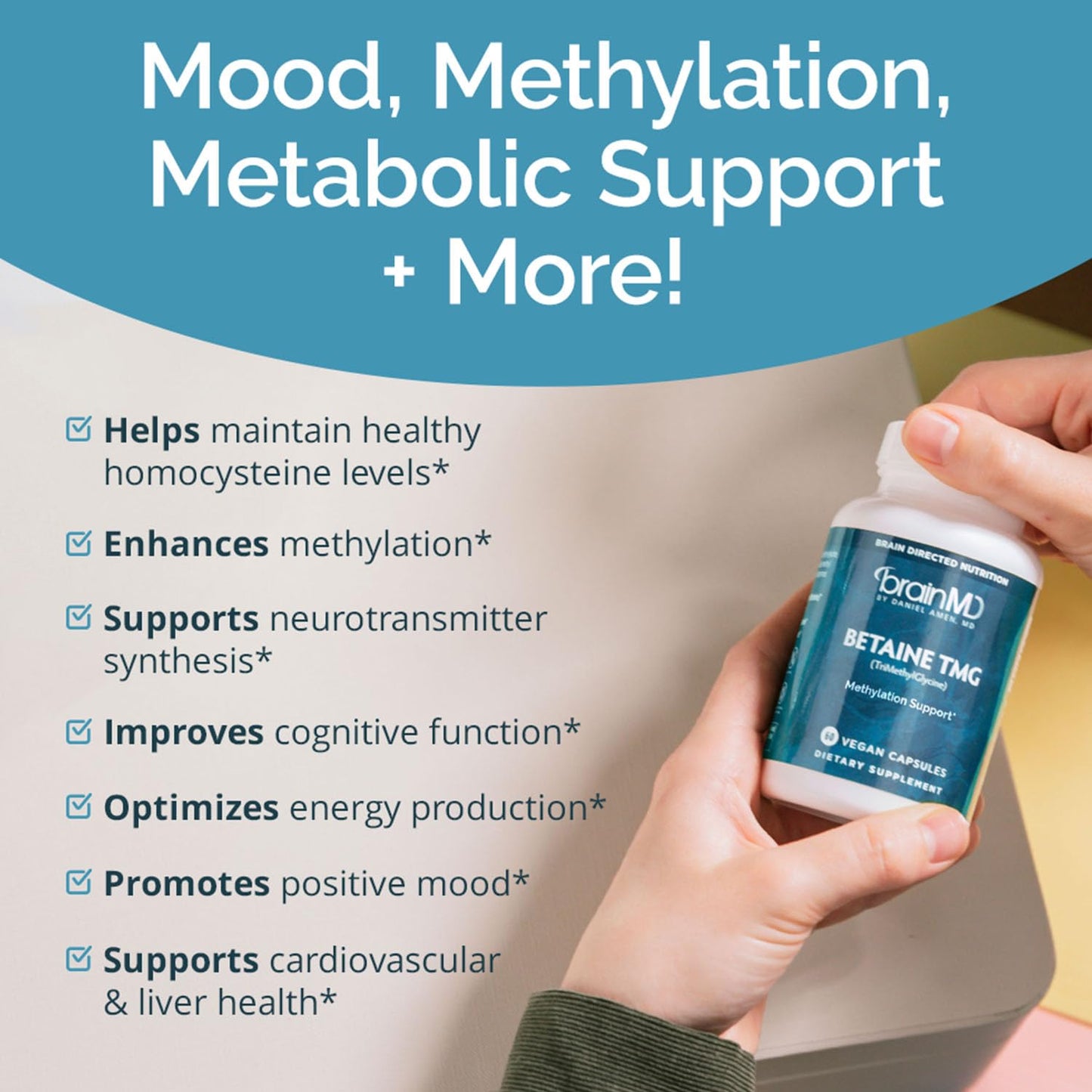 BRAINMD Dr Amen Betaine TMG - 60 Capsules - Mood & Methyl Support - Gluten Free - 30 Servings