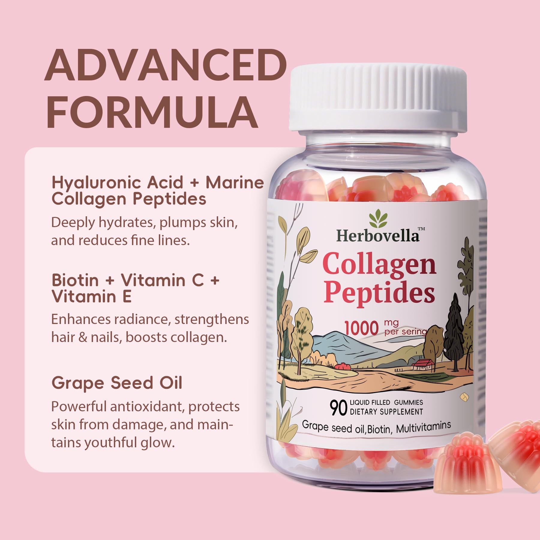 Herbovella Marine Collagen Peptides Gummies for Women- Hydrolyzed Collagen Peptides 1000mg with Biotin, Vitamins, Hyaluronic Acid- for Skin Hair Nails -Sugar Free, 30 Servings, Peach Flavor Herbovella buy australia supplements