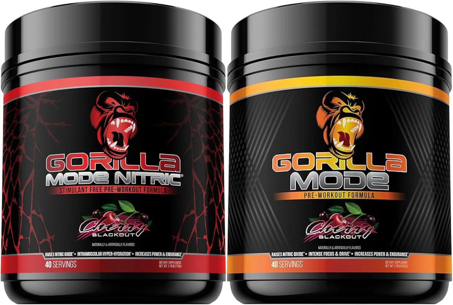 Gorilla Mode Pre Workout & Gorilla Mode Nitric Upgraded Stimulant - Best Tasting & Most Effective Stimulant Free Pre-Workout | Massive Pump | Laser Focus Energy Power (Cherry Blackout)