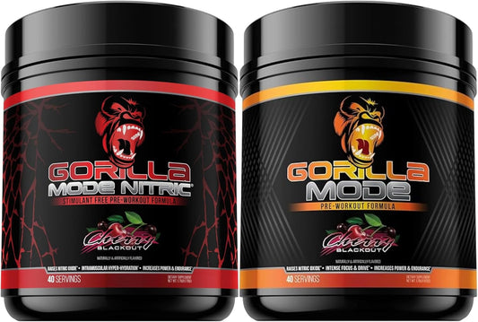Gorilla Mode Pre Workout & Gorilla Mode Nitric Upgraded Stimulant - Best Tasting & Most Effective Stimulant Free Pre-Workout | Massive Pump | Laser Focus Energy Power (Cherry Blackout)