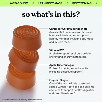 Lemme Tone Metabolism Gummies, Apple Cider Vinegar, Clinically Studied Chromium, B12, Ginger Root Extract, Promote Lean Body Mass Lemme