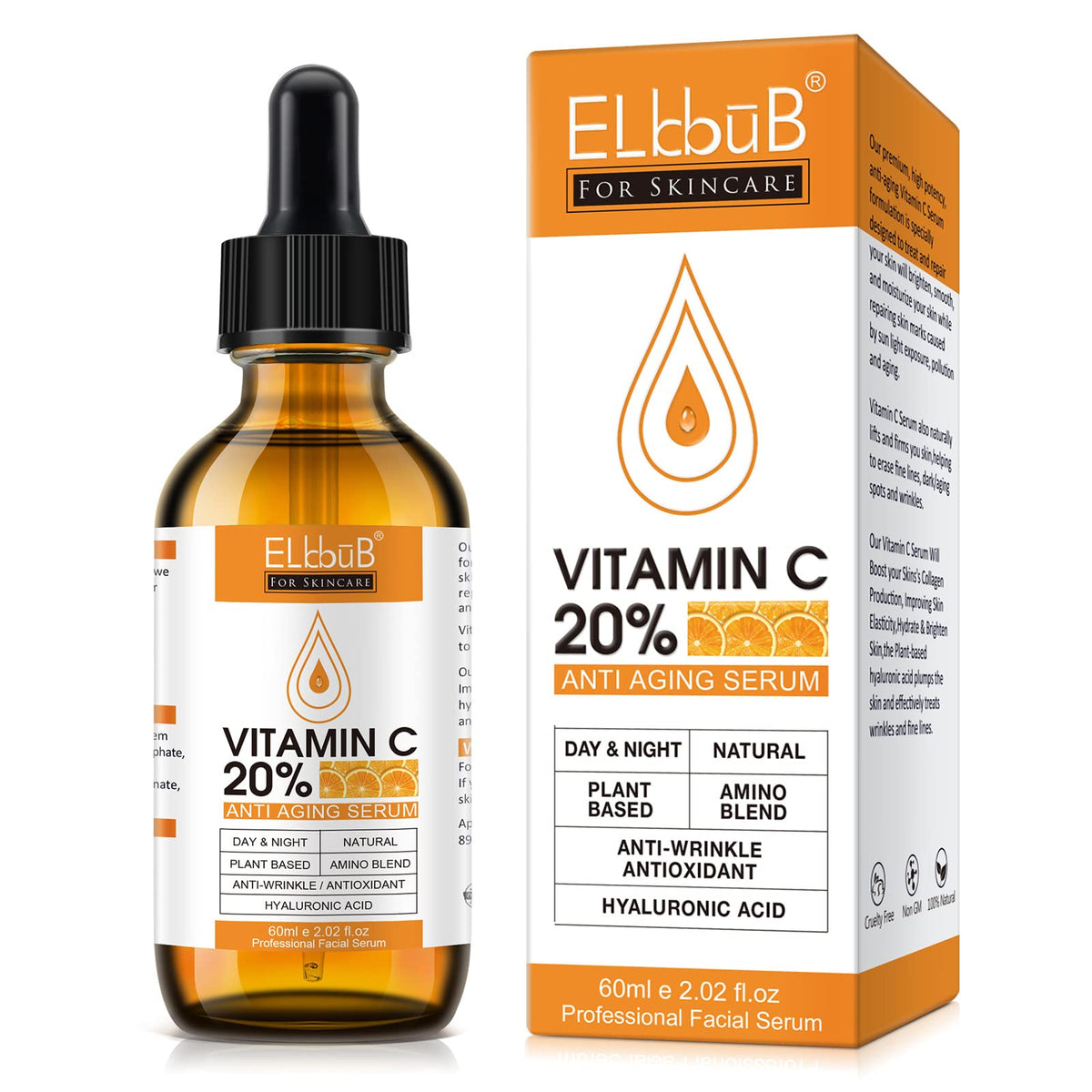Premium 20% Vitamin C Serum For Face with Hyaluronic Acid, Retinol & Amino Acids - Boost Skin Collagen,Hydrate & Plump Skin, Anti Aging & Wrinkle Facial Serum 60ml ELBBUB